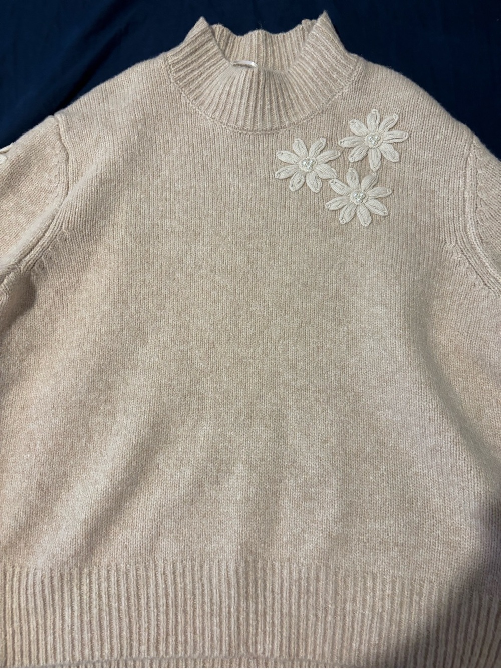Women's Cream Mock Neck Floral Appliqué Sweater